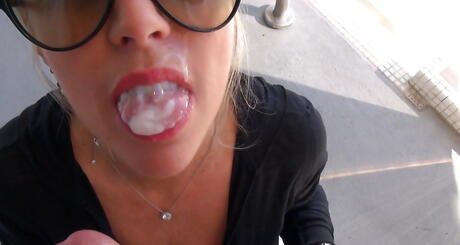 Sexy american wife Sandra Otterson in sexy glasses sucking on big cock and takes a cum blast in mouth 